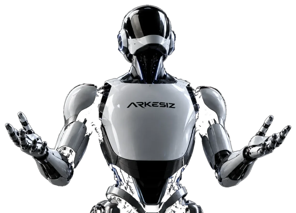 Robot con la marca ARKESIZ en el pecho y los brazos abiertos, presentando el ciclo de acompañamiento.
